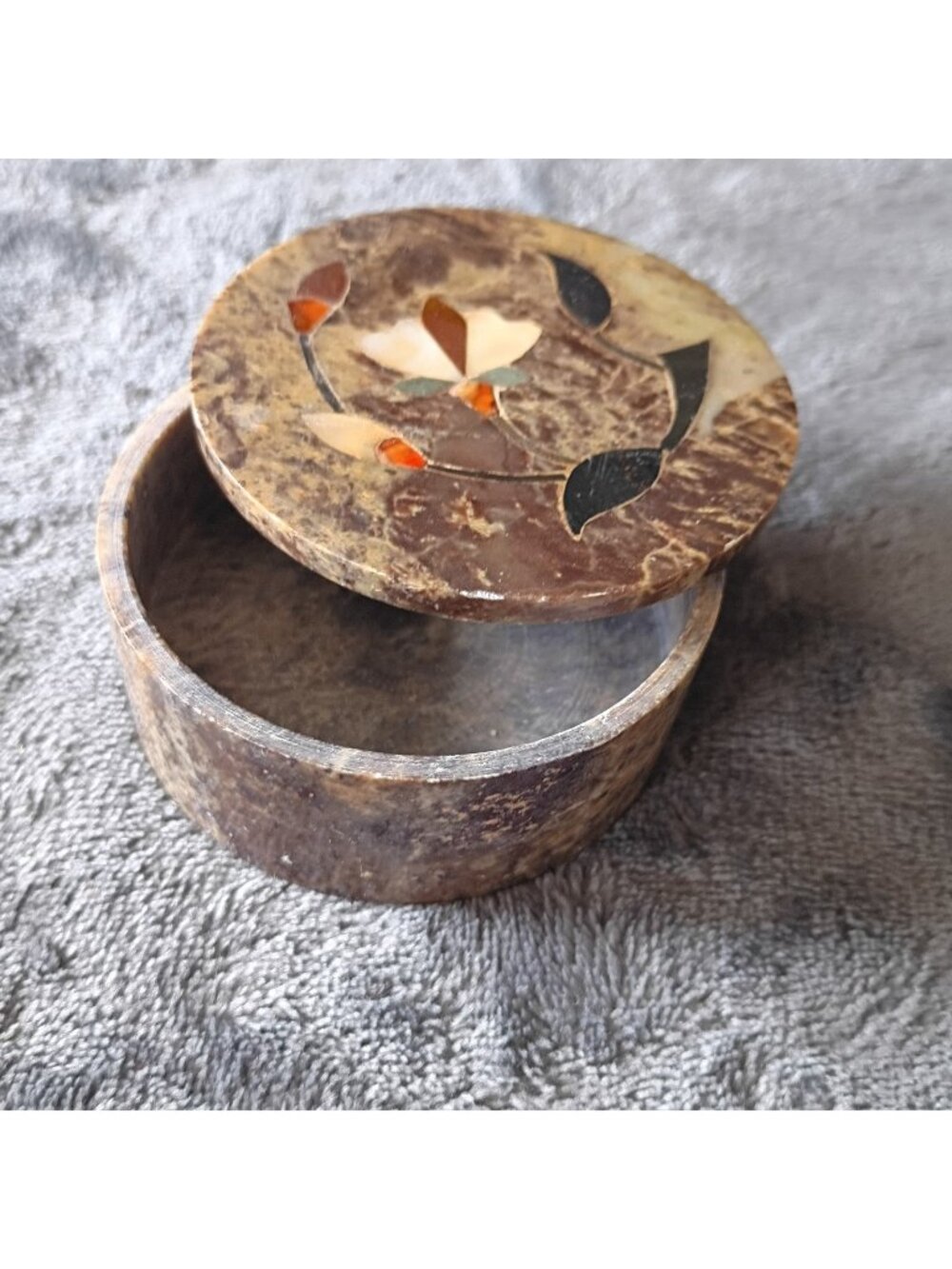Vintage Soapstone With Flower Inlay Trinket Box Made in India